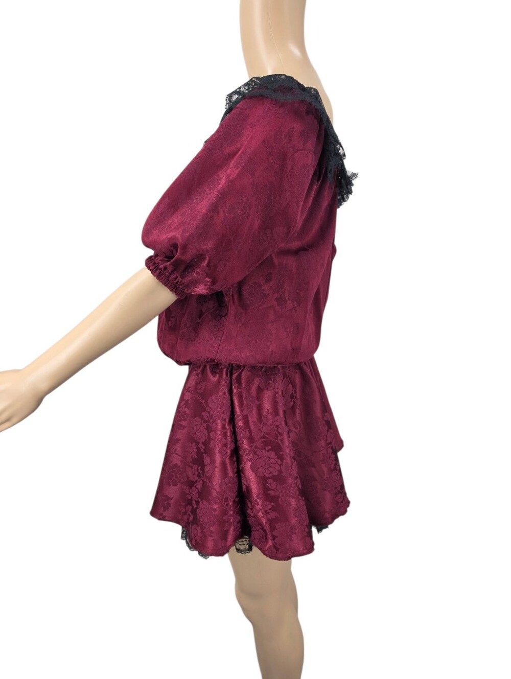 Vintage Off-the-Shoulder Burgundy Satin Jacquard Black Lace Trim Costume Dress - Picture 2 of 8
